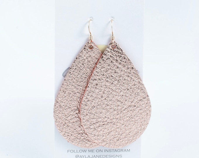 Rose gold leather teardrop earrings, teardrop earrings, statement earrings, rose gold leather, leather teardrop earrings