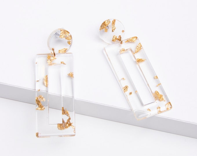 Lucite earrings, acrylic earrings, gold flake earrings
