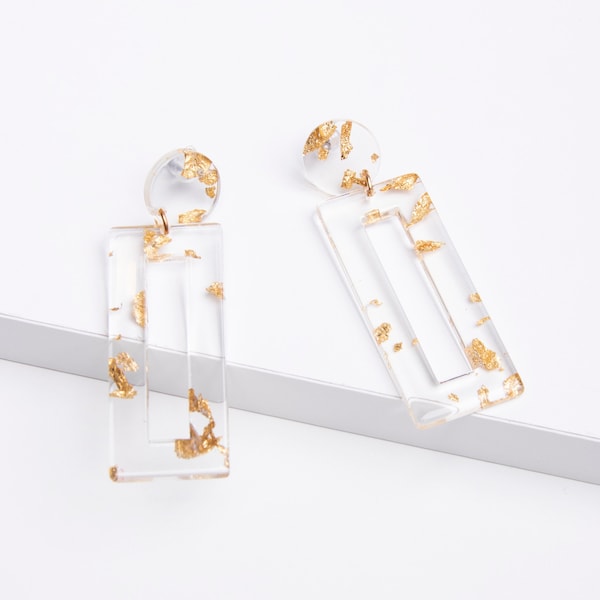 Lucite earrings, acrylic earrings, gold flake earrings