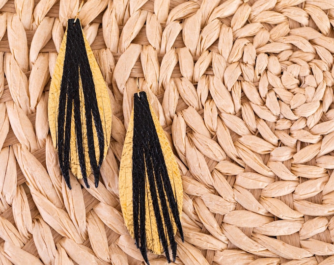 Large leather statement earrings, black and gold leather, black and gold earrings, statement earrings