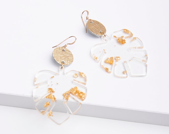 Palm leaf earrings, Palm leaves, statement earrings, Acrylic earrings, Clear Acrylic with gold or silver