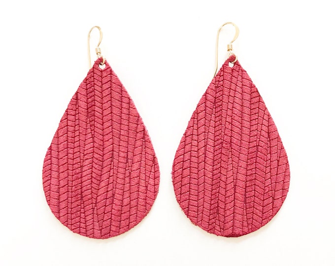 Raspberry leather teardrop earrings, teardrop earrings, statement earrings, pink leather, leather teardrop earrings