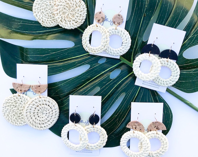 Rattan earrings, statement earrings, Rattan and cork earrings