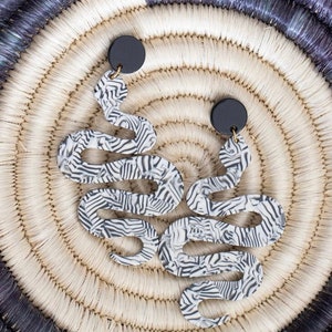Snake earrings, snake drop earrings, snake statement earrings, black and white earrings