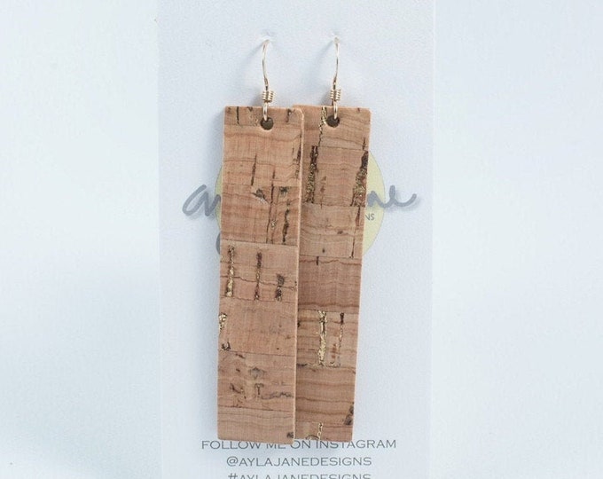 Natural leather cork rectangle earrings, drop earrings, Black cork, white cork earrings