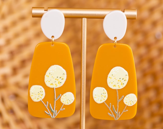 Statement earrings, lightweight earrings, drop earrings, mustard and cream