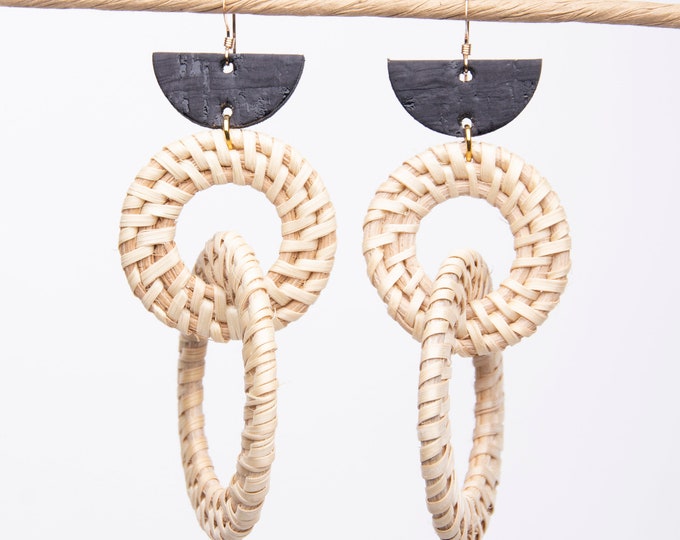 Rattan earrings, statement earrings, Rattan and cork earrings