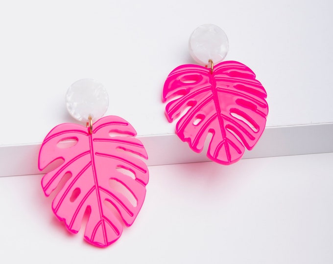 Hot pink earrings, acrylic earrings, palm leaf earrings