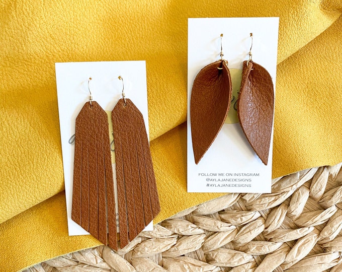 Leather earrings, fall earrings, brown leather earrings