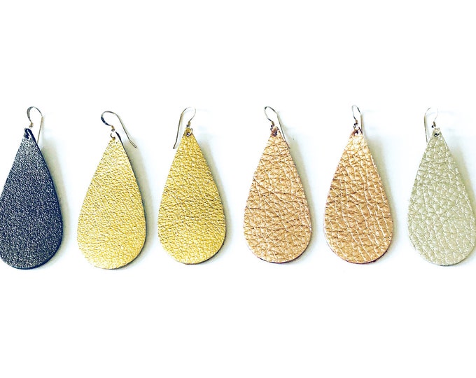 NEW SIZE, Metallic teardrop earrings, Thin large leather earrings, leather earrings, statement earrings, drop earrings