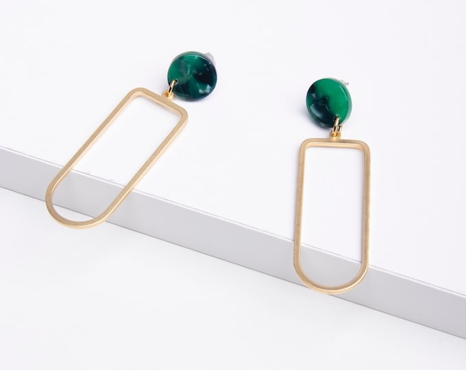 Minimalist earrings, Gold vermeil earrings, Green and gold earrings