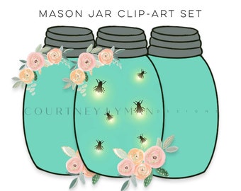 Floral Mason Jar Clipart Set: Rustic Fireflies and Bouquets (PNG Digital Download)