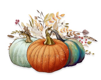 May include: A watercolor painting of two pumpkins with fall foliage. The pumpkins are orange and teal blue. The foliage is in shades of yellow, orange, and brown.