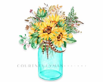 May include: A watercolor painting of a bouquet of sunflowers, greenery, and feathers in a turquoise mason jar. The jar is sitting on a white background. The text "COURTNEY LYMAN designs" is written below the jar.