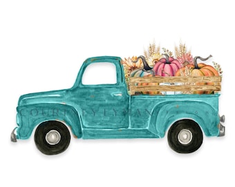 May include: A teal blue vintage pickup truck with a wooden bed filled with pumpkins, sunflowers, and wheat stalks. The truck is a popular fall decor motif.