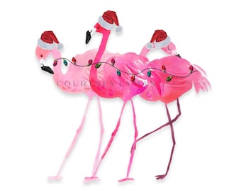 May include: Three pink flamingos wearing Santa hats and a string of Christmas lights. The flamingos are walking in a line, with the one in the back looking back at the viewer. The image is a watercolor painting.