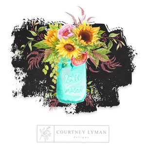 Floral Mason Jar Achtergrond Clip-Art, Zonnebloem Boeket Splash Graphic, Mason Jar Boeket, Floral Rustic PNG, Flower Mason Jar Graphic PNG