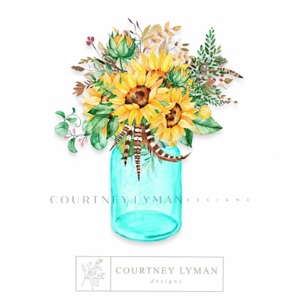 Sunflower Mason Jar PNG, Sunflower Bouquet Graphic, Rustic Floral Mason Jar Clip-Art, Autumn Sunflower Graphic, Sunflower Fall Mason Jar PNG