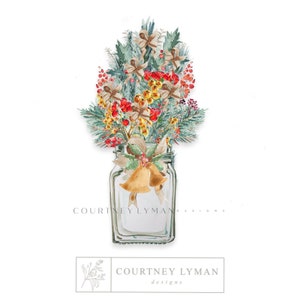 Christmas Mason Jar ClipArt: Holiday Floral Bouquet PNG (Digital Download)