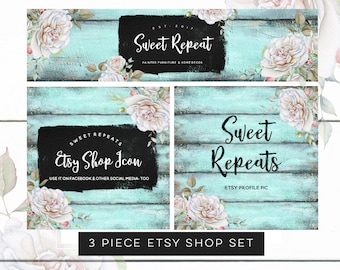 May include: Three-piece Etsy shop set featuring a turquoise wood background with white roses and black text. The first image says "Sweet Repeat" with the tagline "Painted Furniture & Home Decor". The second image says "Sweet Repeats Etsy Shop Icon" with the tagline "Use it on Facebook & other social media, too". The third image says "Sweet Repeats Etsy Profile Pic".