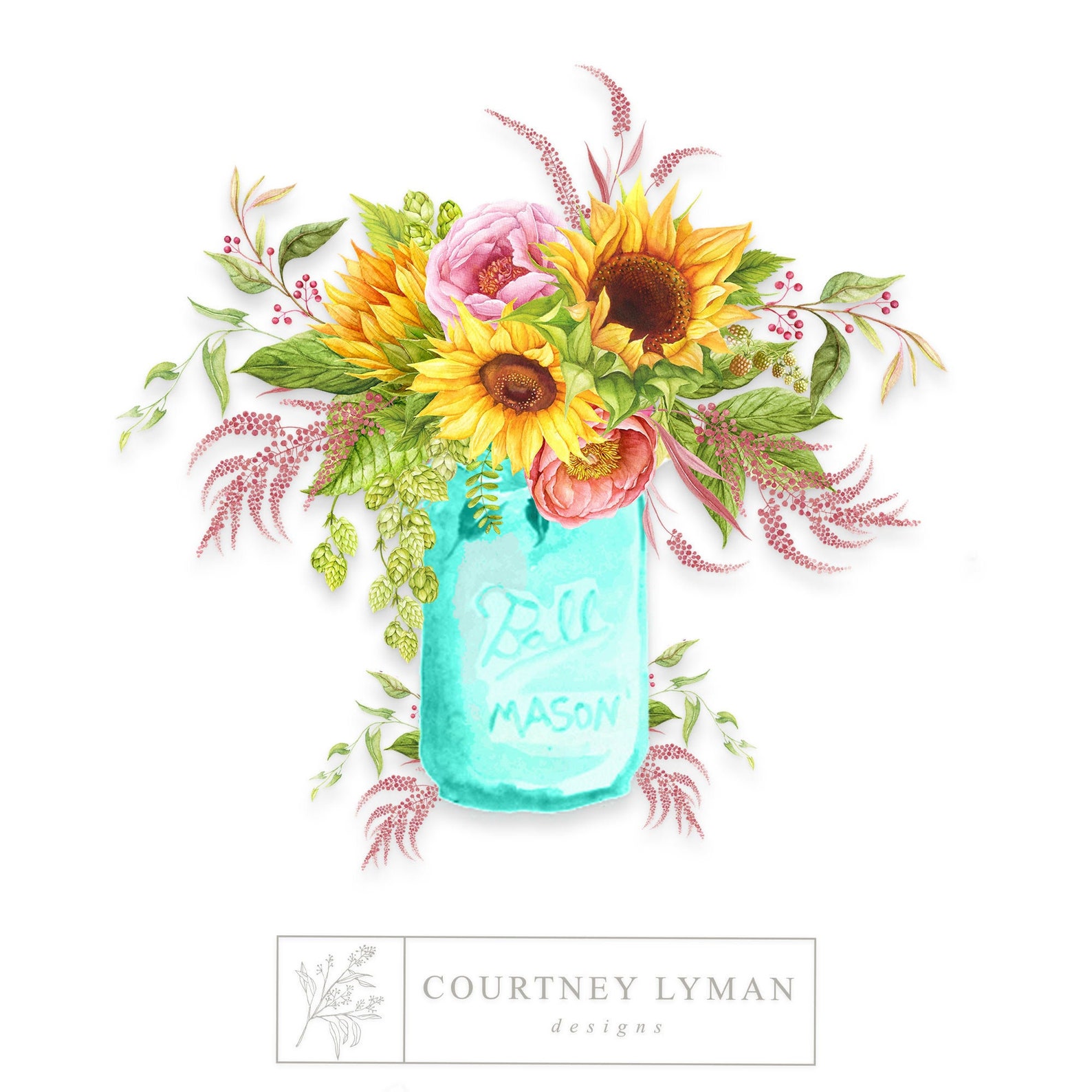 Floral Mason Jar Clip-Art Sunflower Bouquet Graphic Mason | Etsy