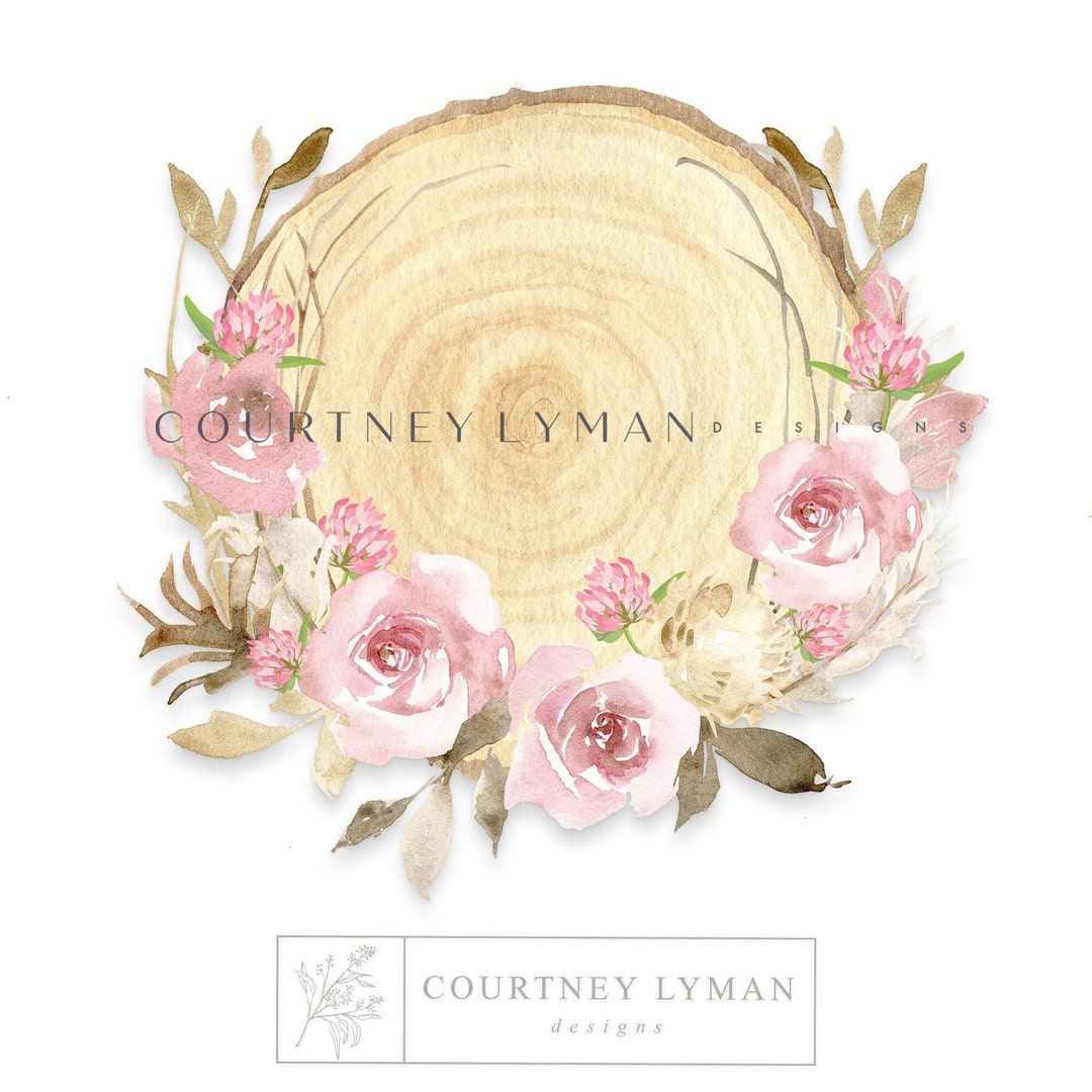 Rustic Roses Printable Rustic Wood Slice & Roses Clip Art: Wedding Floral (digital Download ...