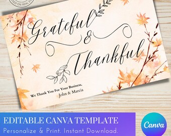 Grateful and Thankful Thanksgiving mailing postcard 8.5x5.5 Canva Template, Instant Download