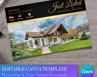 Just Listed Postcard 8.5x5.5 Real estate Mailing postcard Canva template 2 sided Gold