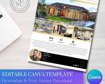 Just Listed flyer Real Estate Editable Canva Template Gold Instant download 8.5x11in