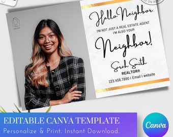 Hello Neighbor, elegant 2 sided real estate postcard 8.5x5.5in Instant Download