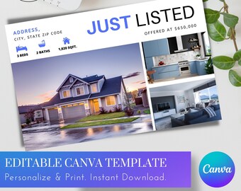 Just listed mailing postcard 8.5x5.5 in Canva Template Instant download editable