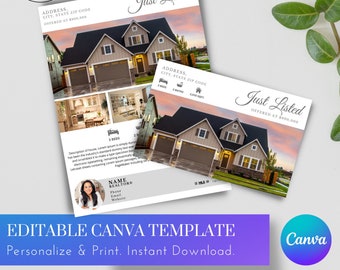 Just Listed Real Estate Set Flyer and Mailing Postcard Canva template editable