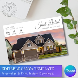 Just Listed Postkarte 8.5x5.5 Grundbesitz Mailing Postkarte Canva Vorlage 2 seitig