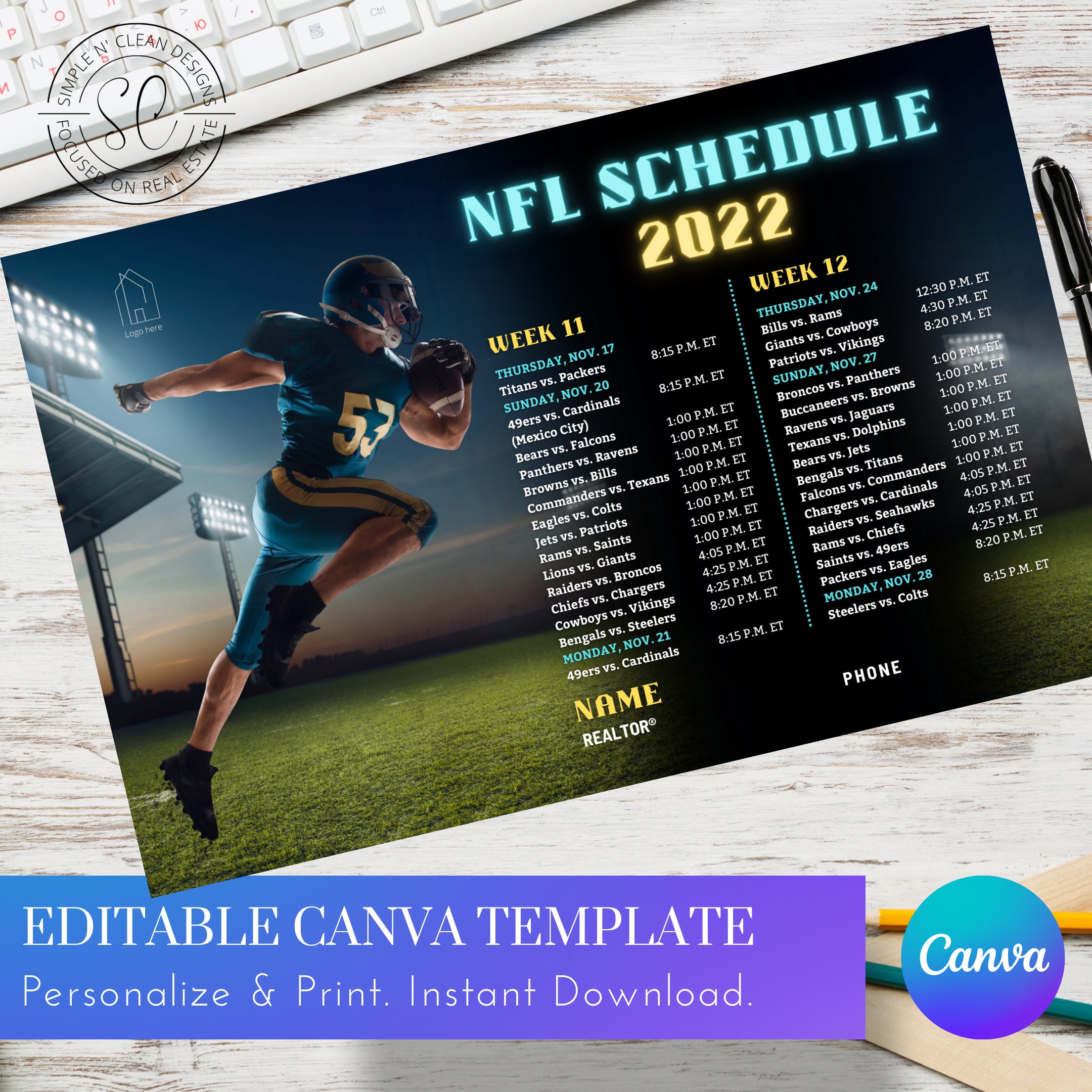 4 Mailing Postcards of the Football Schedule 8.5x5.5in 2 Sided Canva