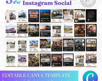 32 Real Estate Instagram Templates | Realtor Social Media Canva Templates | Just Listed Just Sold Posts | Real Estate Marketing Kit