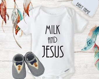 Milk & Jesus Funny Onesies Beanie Pink Socks Baby Girl Gift Set Newborn Infant 