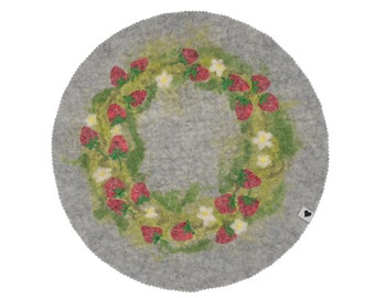 Seat cushion, strawberries, grey red green felted, embroidered, fine merino wool, 36 cm diameter
