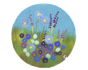 Seat cushion, summer meadow, lavender, felted, fine merino wool, 40 cm diameter