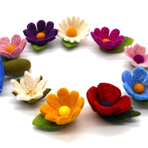 Könnte beinhalten: Eine Sammlung von Filzblumen in verschiedenen Farben, darunter Blau, Rosa, Weiß, Gelb, Rot, Lila und Grün. Die Blumen sind in einem Kreis auf weißem Hintergrund angeordnet.