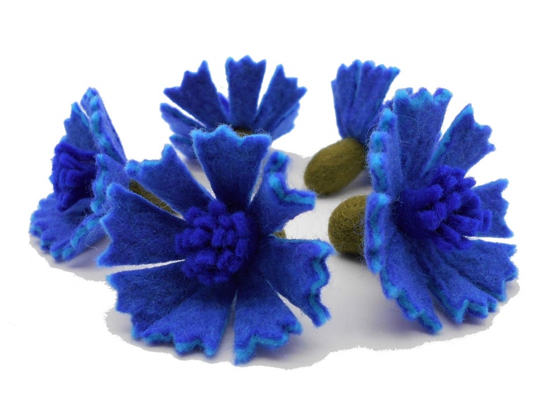 Blumen, Blüten, feine Merinowolle, handgefilzt, Form und Farbe wählbar, 5er Set Kornblume blau