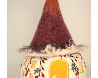 Gnome house, light house embroidered with rosehips, felted from fine merino wool, 20 x 35 cm