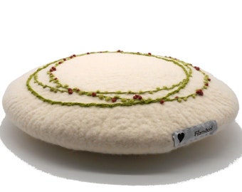 Cushion, French knot design, round, felted, embroidered, filled, inside and out with natural white merino wool, 32 cm diameter