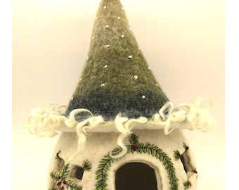 Gnome house, light house made of fine merino wool felted and embroidered, 20 x 35 cm