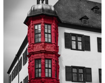 Minimal Rot, Print Download, Fotografie, schwarz weiß rot, minimal, Architektur, Barock Haus, Fotokunst, Haus Büro Hotel Dekor