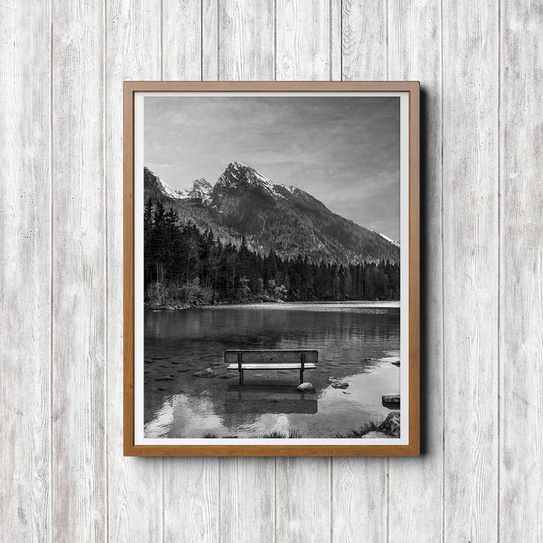 Hintersee Alpen, Bank Foto, Landschaft Fotografie, schwarz weiß Fotografie, Print Download, Berge Foto, See Foto, Alpen Foto Bild 2