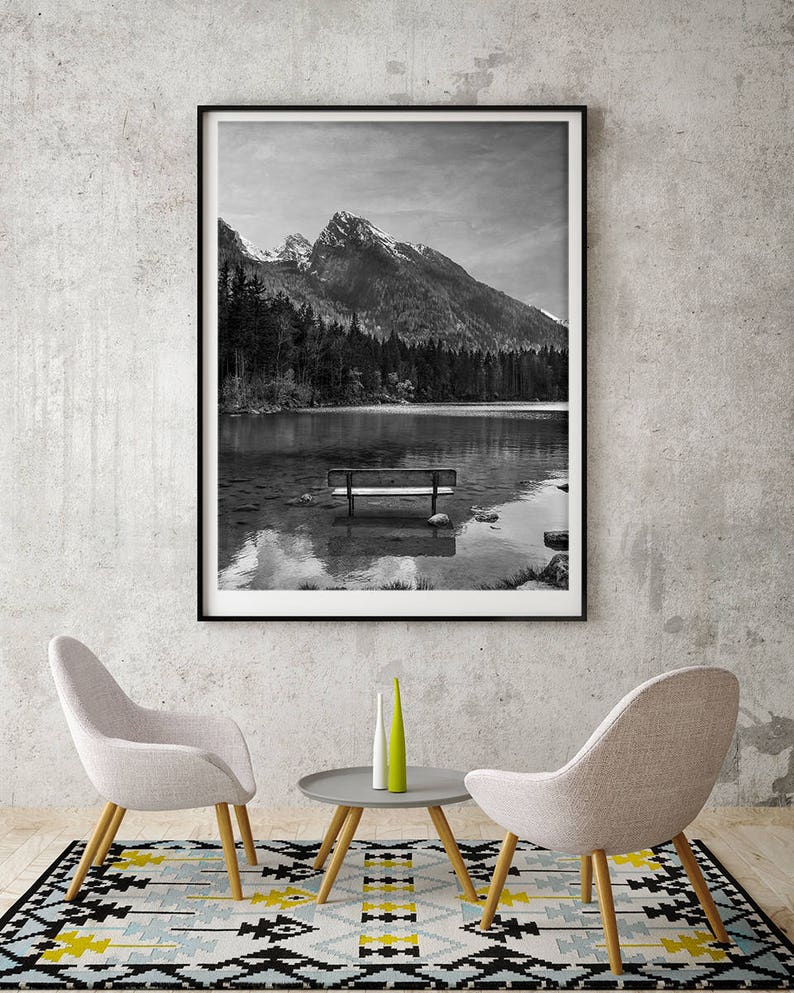 Hintersee Alpen, Bank Foto, Landschaft Fotografie, schwarz weiß Fotografie, Print Download, Berge Foto, See Foto, Alpen Foto Bild 3