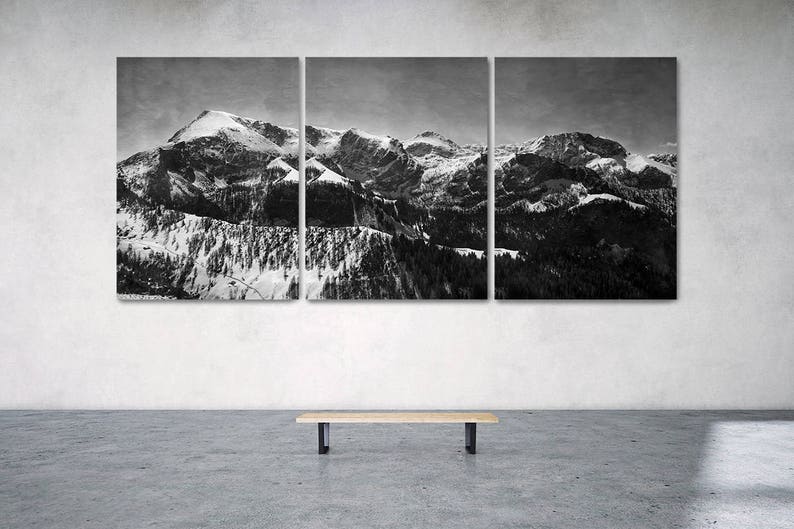 Trittico, Grande fotografia panoramica di paesaggi, Scarica stampa, Bianco e nero, Alpi tedesche, Foto di montagne, Foto invernale, Cielo Aquarell immagine 1