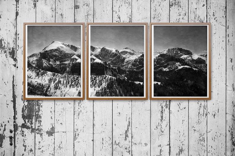 Triptyque, Panorama Landschaft Fotografie, Poster Download, schwarz weiss, Alpen, Berge Foto, Winter Foto, Aquarell Himmel Bild 2
