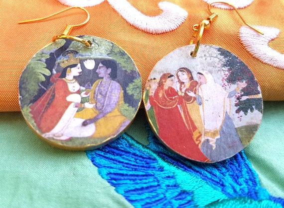 Indian lovers wooden Krishna and Radha earrings Moghul art earrings round