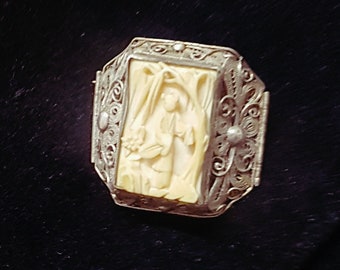 Antique 19th C Chinese Export Silver Fine Filigree Brooch Pin with Carved Bovine Bone Inset -Maiden with Mandolin